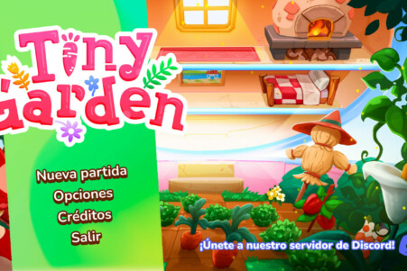 Pantalla de inicio de Tiny Garden, se muestran las opciones "Nueva partida, Opciones, Créditos y Salir". Al fondo una ilustración del juego a medio abrir con muebles y cultivos.