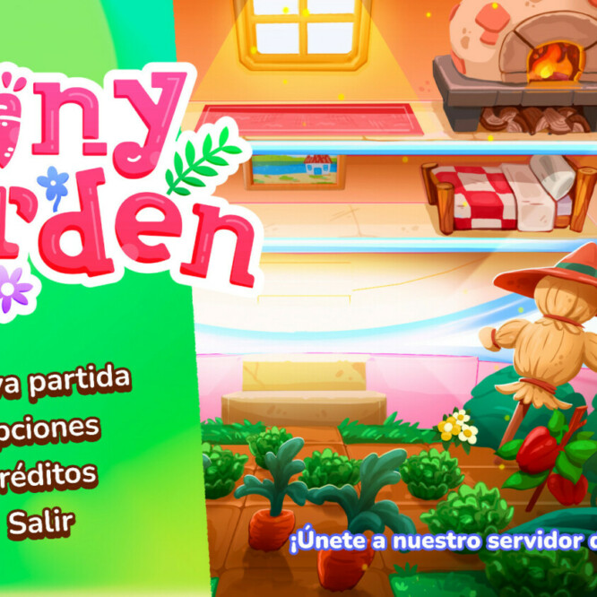 Pantalla de inicio de Tiny Garden, se muestran las opciones "Nueva partida, Opciones, Créditos y Salir". Al fondo una ilustración del juego a medio abrir con muebles y cultivos.