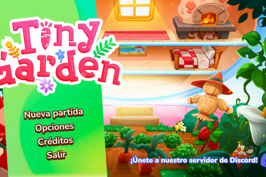 Pantalla de inicio de Tiny Garden, se muestran las opciones "Nueva partida, Opciones, Créditos y Salir". Al fondo una ilustración del juego a medio abrir con muebles y cultivos.