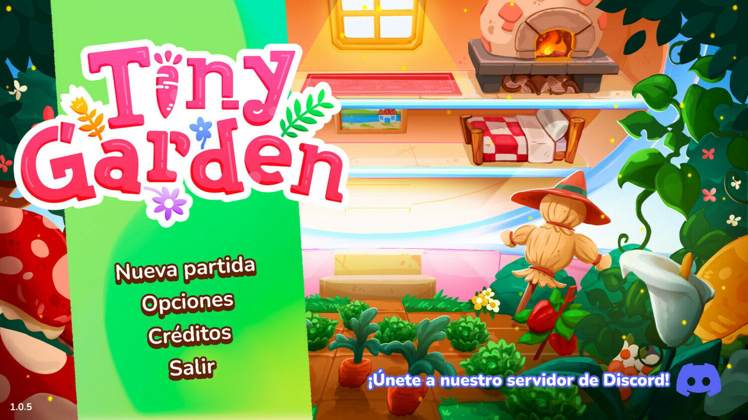 Pantalla de inicio de Tiny Garden, se muestran las opciones "Nueva partida, Opciones, Créditos y Salir". Al fondo una ilustración del juego a medio abrir con muebles y cultivos.