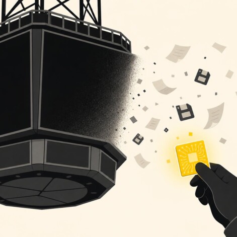 Ilustración de un marcador digital que se apaga mientras una mano guarda un chip de datos