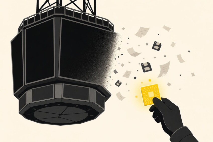 Ilustración de un marcador digital que se apaga mientras una mano guarda un chip de datos