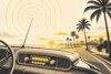 Ilustración de una radio de coche en una avenida costera de aire tropical, con ondas de radio saliendo de la antena