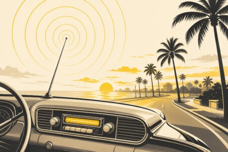 Ilustración de una radio de coche en una avenida costera de aire tropical, con ondas de radio saliendo de la antena