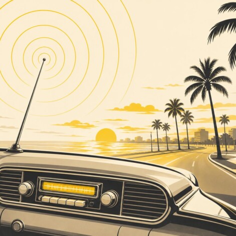 Ilustración de una radio de coche en una avenida costera de aire tropical, con ondas de radio saliendo de la antena