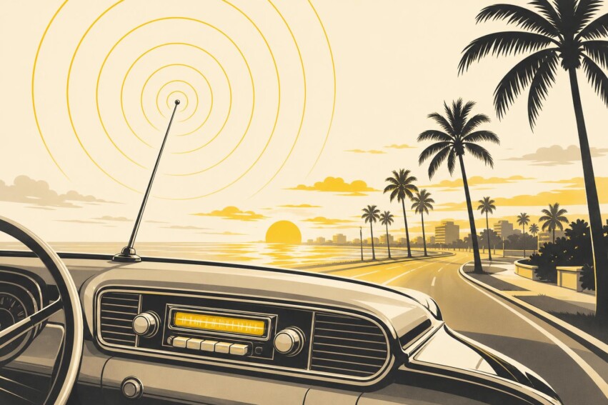 Ilustración de una radio de coche en una avenida costera de aire tropical, con ondas de radio saliendo de la antena