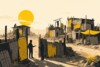 Ilustración editorial de un asentamiento postapocalíptico de chapa reconstruido por sus habitantes, con acento amarillo