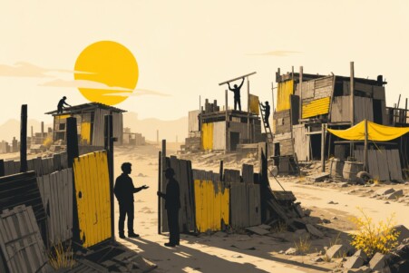 Ilustración editorial de un asentamiento postapocalíptico de chapa reconstruido por sus habitantes, con acento amarillo