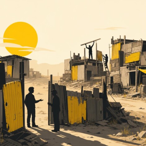 Ilustración editorial de un asentamiento postapocalíptico de chapa reconstruido por sus habitantes, con acento amarillo