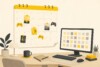 Ilustración editorial de un calendario con siluetas de mandos y cajas de juegos sobre un escritorio, junto a un monitor estilo Steam