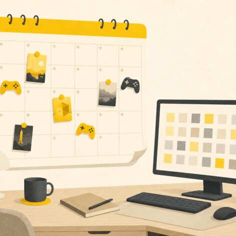 Ilustración editorial de un calendario con siluetas de mandos y cajas de juegos sobre un escritorio, junto a un monitor estilo Steam