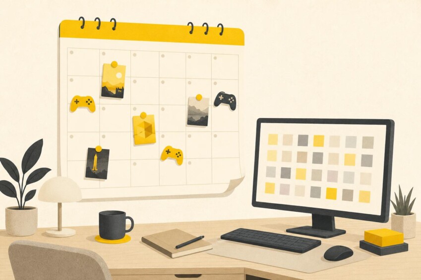 Ilustración editorial de un calendario con siluetas de mandos y cajas de juegos sobre un escritorio, junto a un monitor estilo Steam