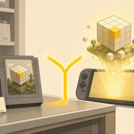 Ilustración editorial: un cartucho físico frente a una descarga digital sobre una consola portátil, con acento amarillo
