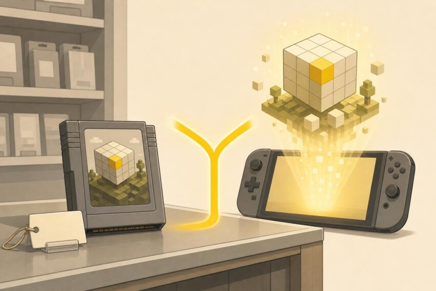 Ilustración editorial: un cartucho físico frente a una descarga digital sobre una consola portátil, con acento amarillo